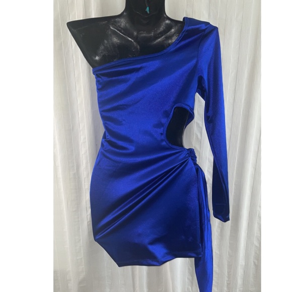 New Sexy Blue Satin Cut Out Mini Freakum Dress, Size Small - Picture 5 of 5